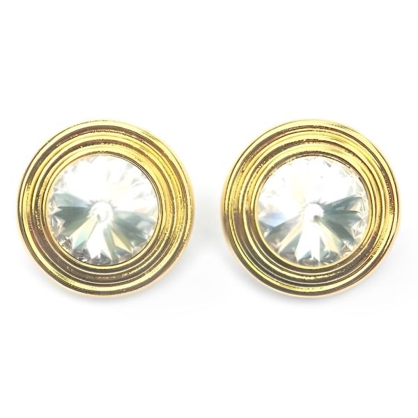 Gold Tone and Clear Rivoli Clip On Earrings circa 1980s
