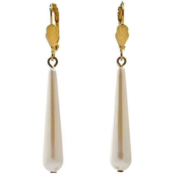 Gold Tone and Pale Ivory Faux Pearl Drop Leverback Earrings