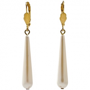 Gold Tone and Pale Ivory Faux Pearl Drop Leverback Earrings