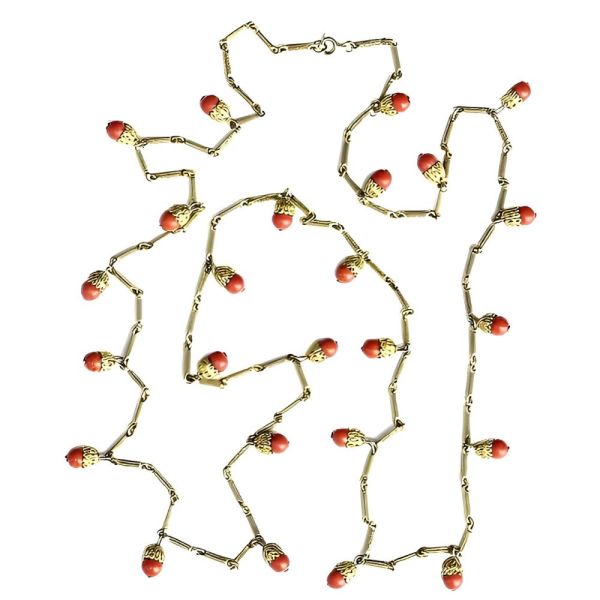 Gold Tone Chain Necklace with Filigree and Faux Coral circa 1940s