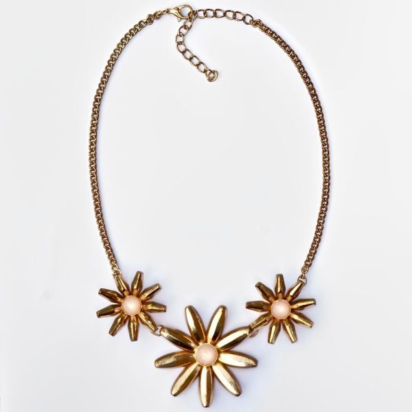 Vintage Gold Tone Statement Necklace Pink Moonglow Flowers
