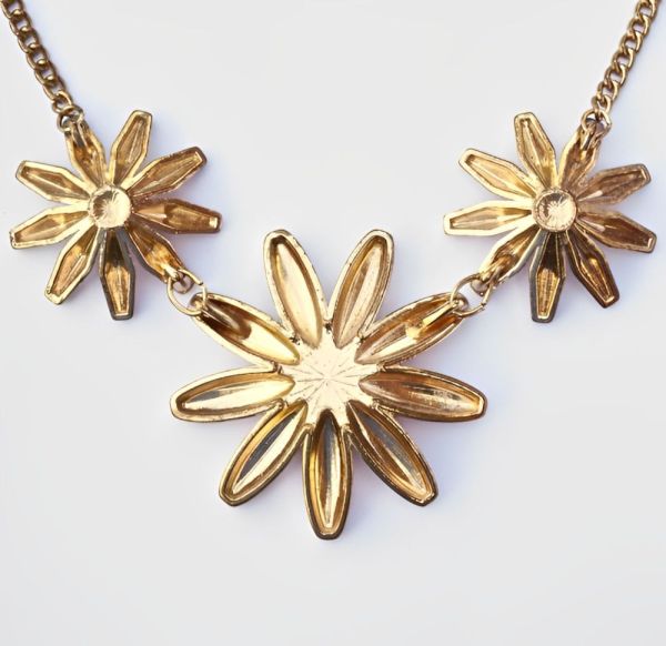 Vintage Gold Tone Statement Necklace Pink Moonglow Flowers