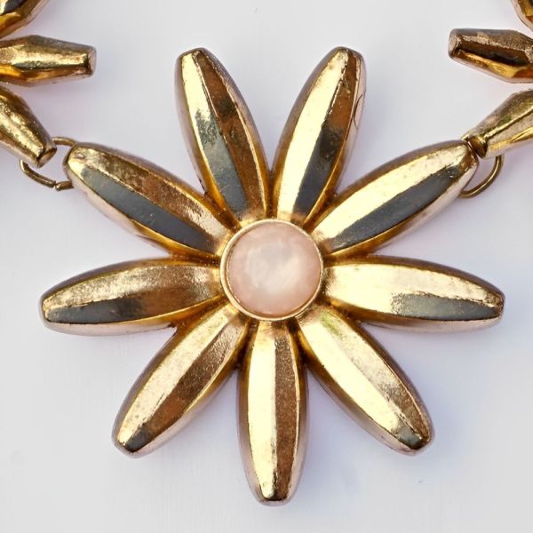 Vintage Gold Tone Statement Necklace Pink Moonglow Flowers
