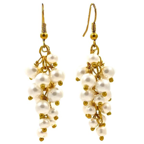 Gold Tone Faux Pearl Grape Cluster Drop Earrings