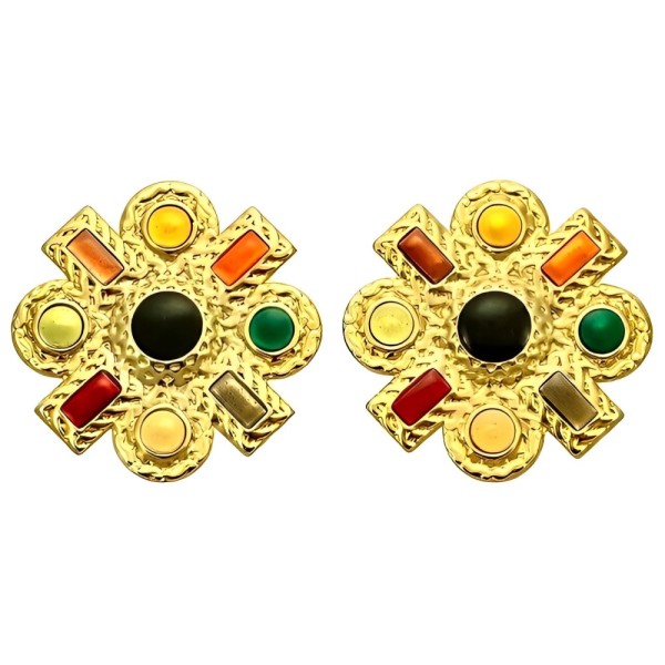 Gold Tone Textured Multi Coloured Enamel Clip On Earrings