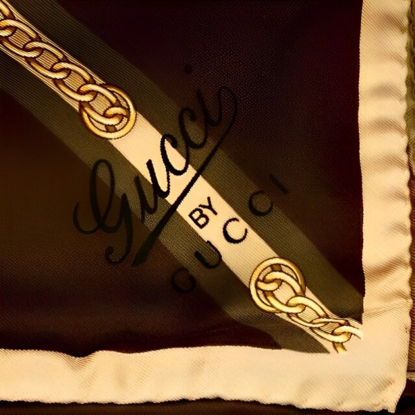 Gucci Square Silk Gold and Brown Chain Print Scarf 