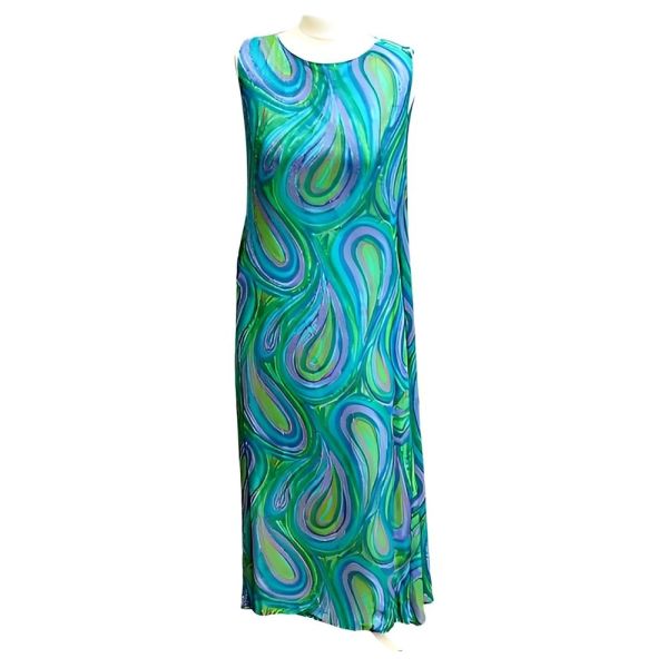 Harrods Blue Green Mauve Silk Chiffon Maxi Dress circa 1960s