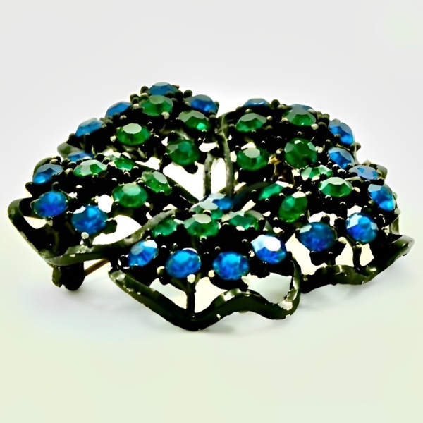 Blue and Green Crystal Brooch and Clip On Earrings 1960s
