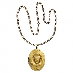 Large Gilt Metal Pharaoh Locket and Chain with Blue Enamel