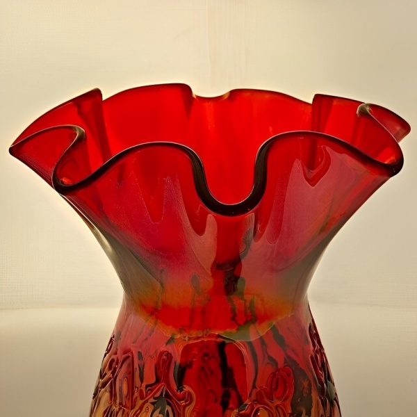 Red Grey and Clear Textured and Fluted Glass Vase, circa 1950s