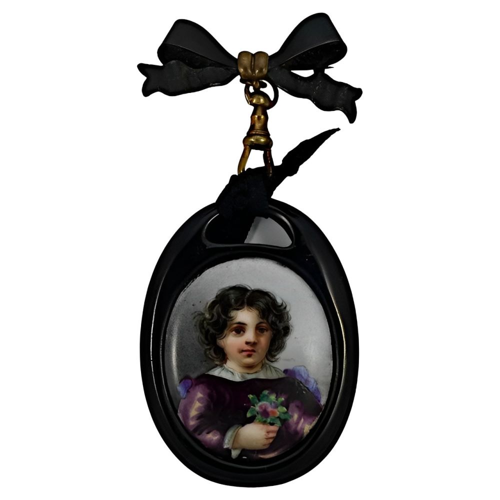 Antique Victorian Painted Porcelain Whitby Jet Pendant Bow Brooch