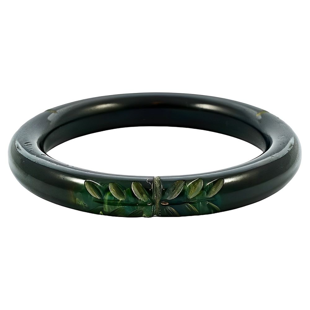 Art Deco Black Marbled Green Carved Leaves Bakelite Bangle