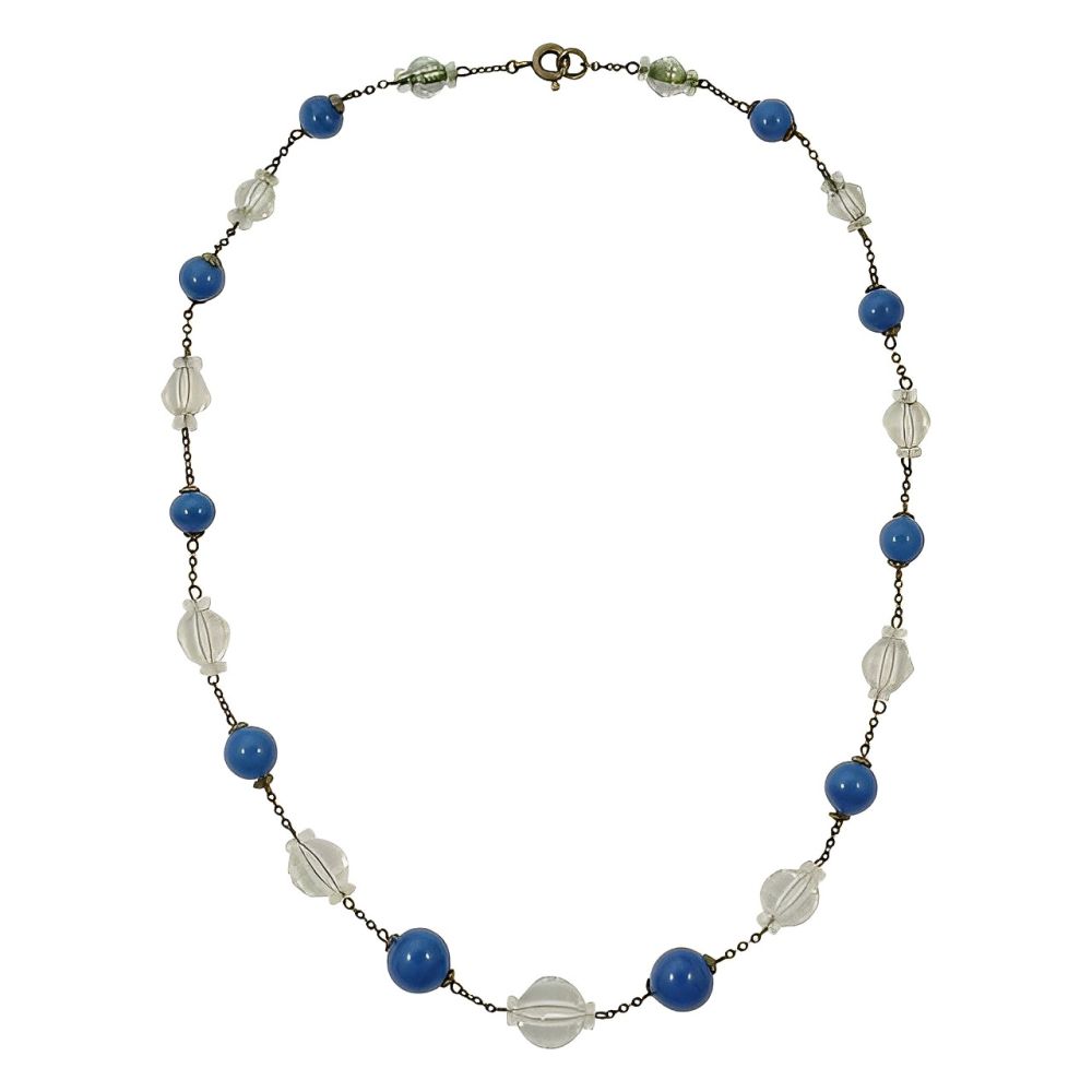 Art Deco Blue and Clear Crystal Bead Necklace circa 1930s