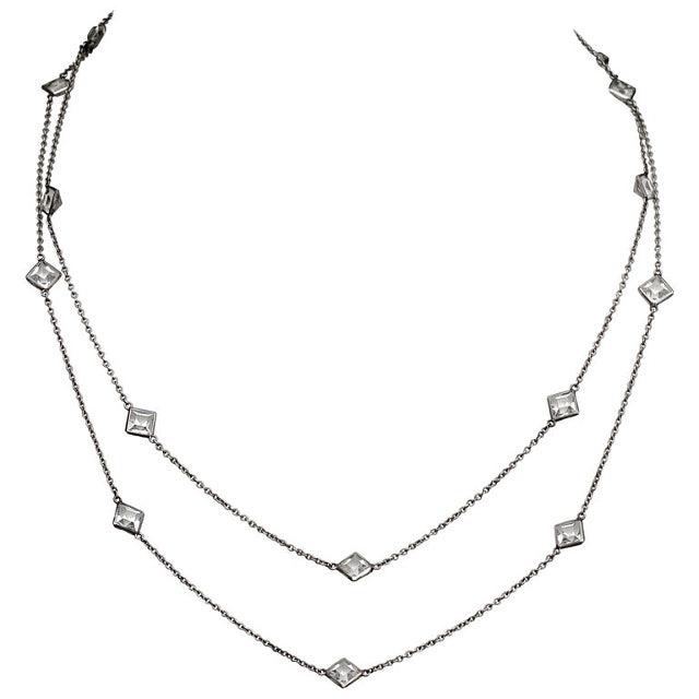 Art Deco Platinon Necklace with Square Bezel Set Clear Crystals