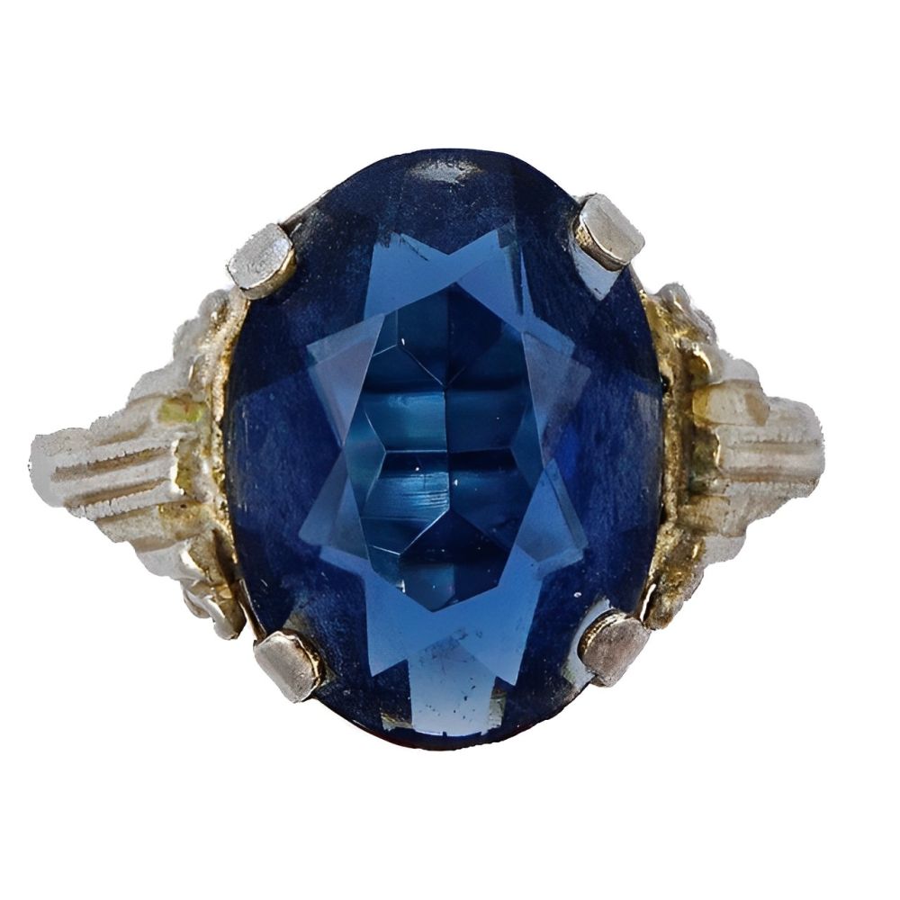Art Deco Silver Plated Ring with an Oval Blue Glass Stone