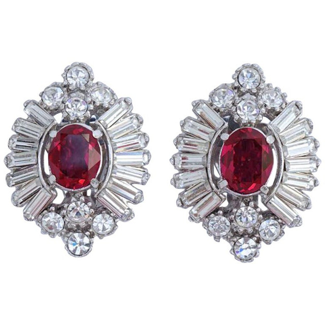Attwood & Sawyer Silver Tone and Ruby Red Diamante Earrings