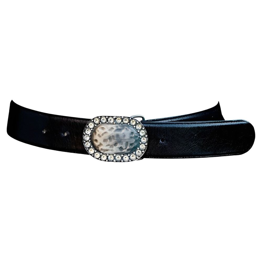 Clara Perri Black Leather Belt with Oval Crystal Silver Tone Buckle