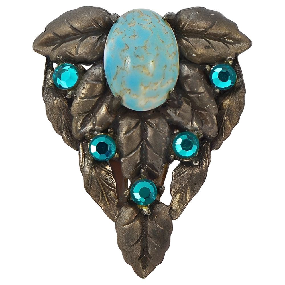 Czech Faux Turquoise Sea Green Rhinestone Leaf Dress Clip