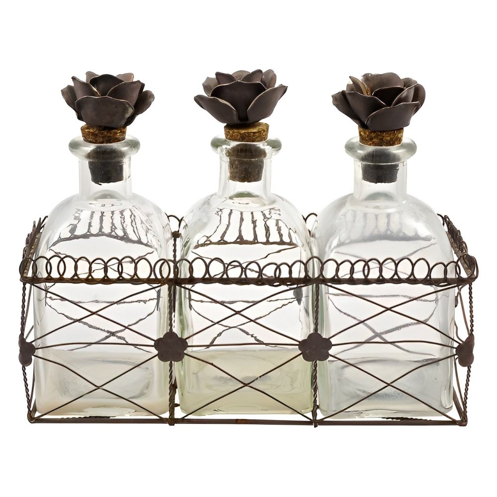 French Bottles Flower Cork Stoppers in a Wire Basket circa 1950s