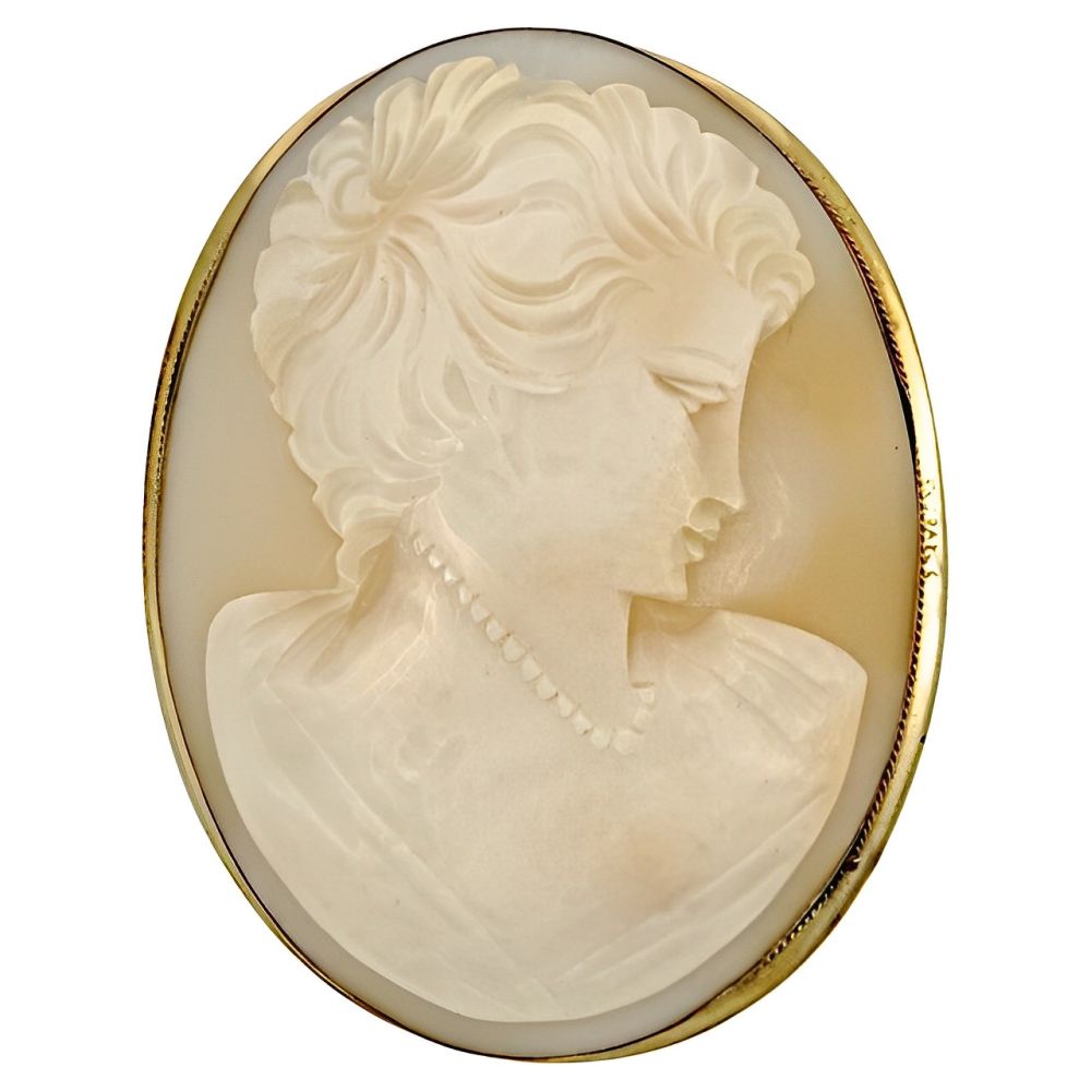 Gold Plated Large Oval Carved Lady Shell Cameo Brooch Pendant Arabella Bianco