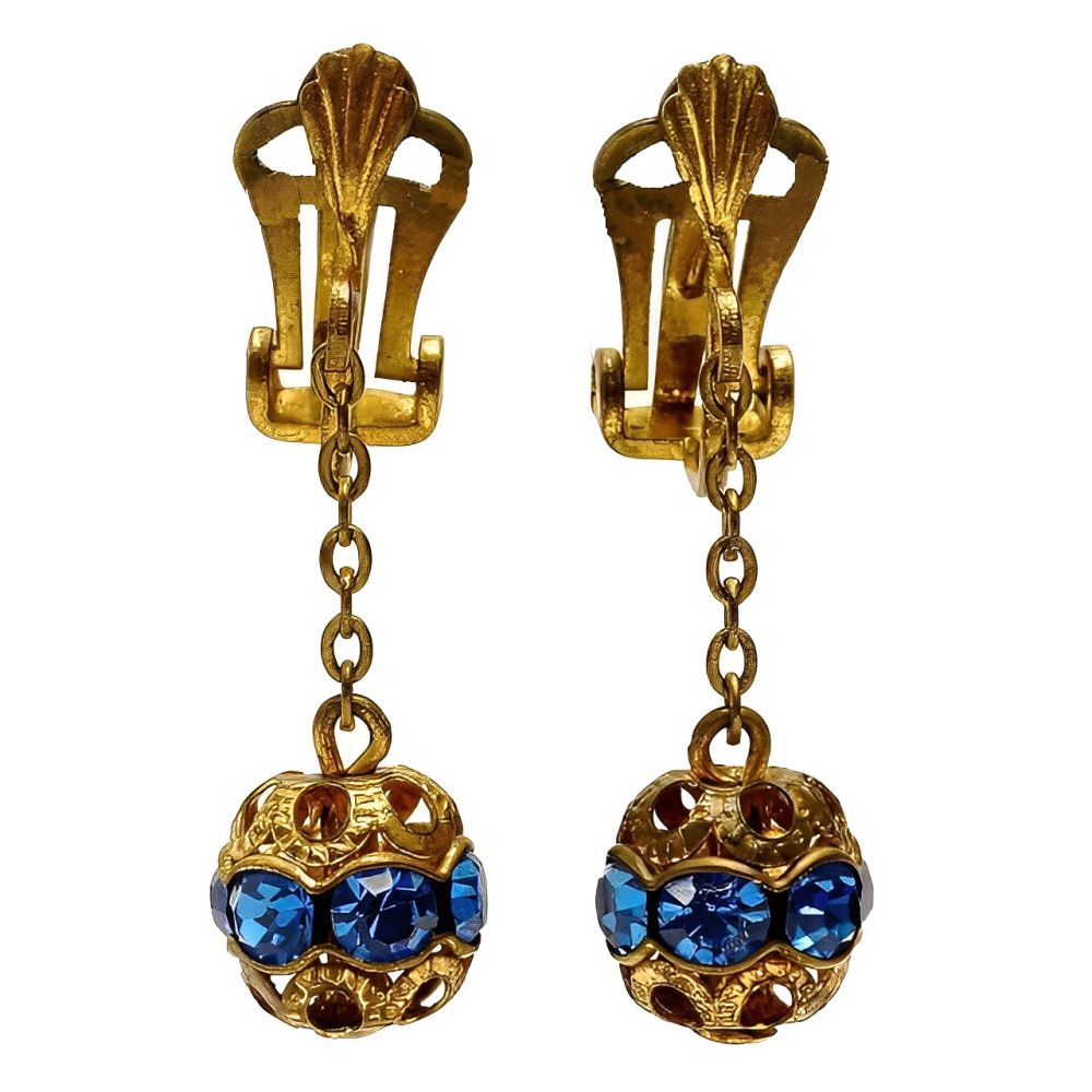 Art Deco Gold Plated Drop Filigree Blue Paste Clip On Earrings