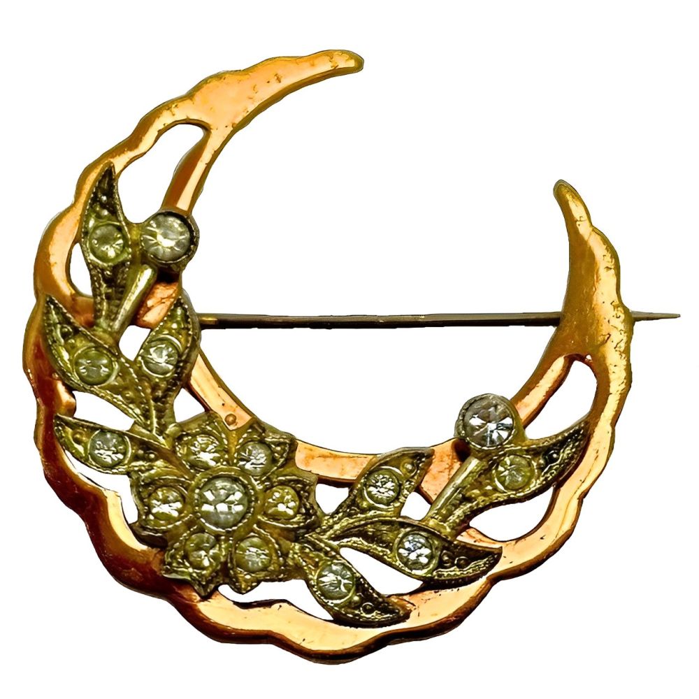 Antique Crescent Moon Floral Design Brooch with Paste Stones