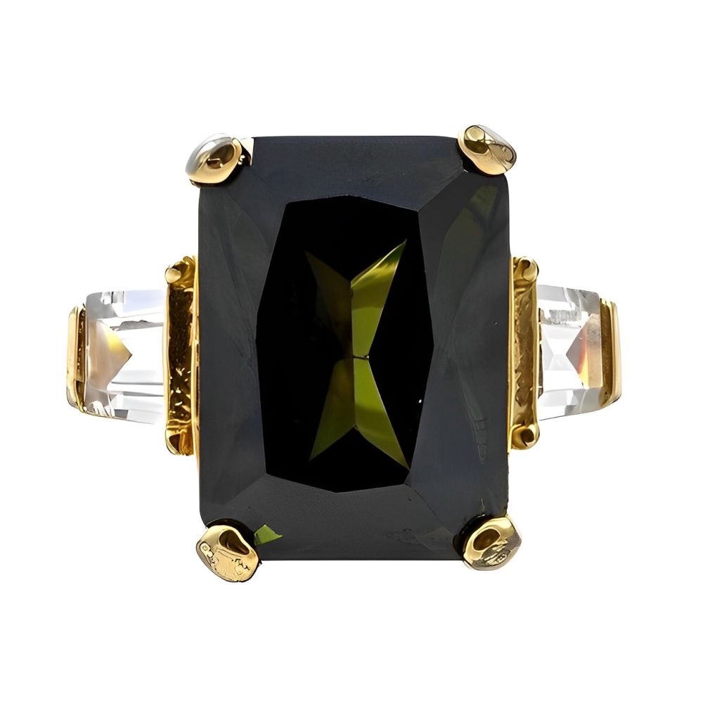 Gold Plated and Olive Green Glass Statement Ring circa 1980s