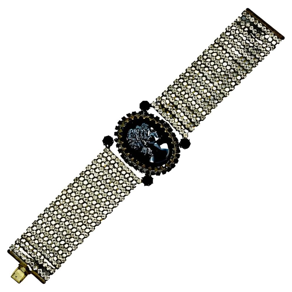 Haematite and Black Glass Cameo Bracelet Clear Rhinestones