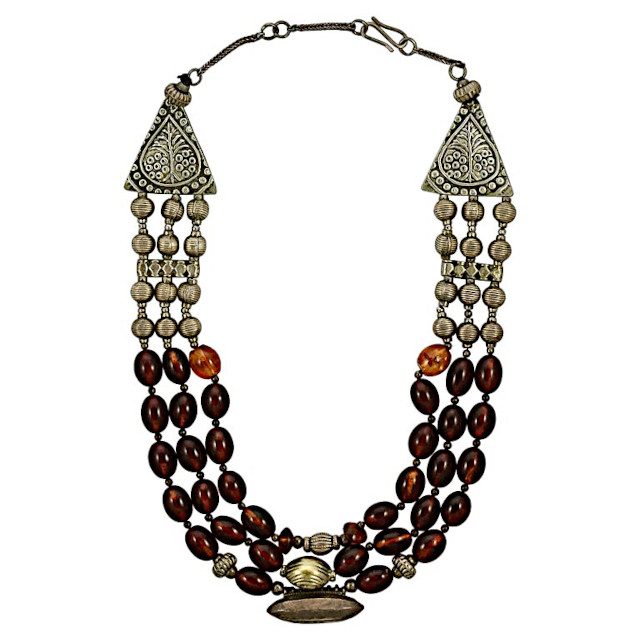Silver Tone and Triple Strand Polished Cognac Amber Bead Necklace