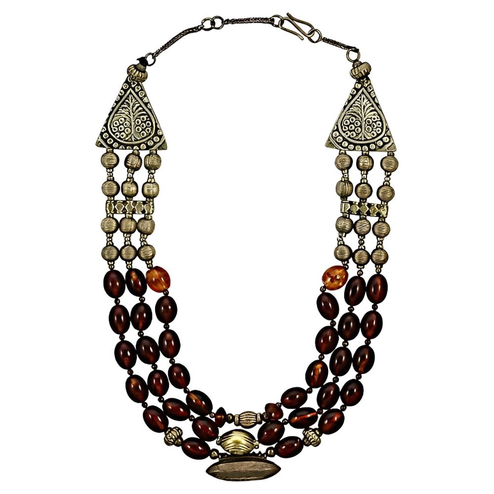 Silver Tone and Triple Strand Polished Cognac Amber Bead Necklace