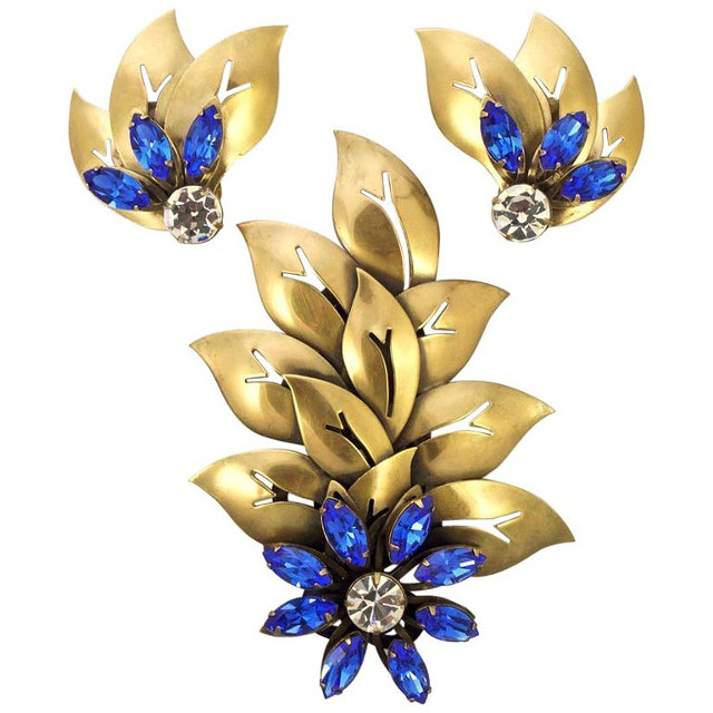 Joseff of Hollywood 1950s Blue Crystal Brooch and Earrings Set