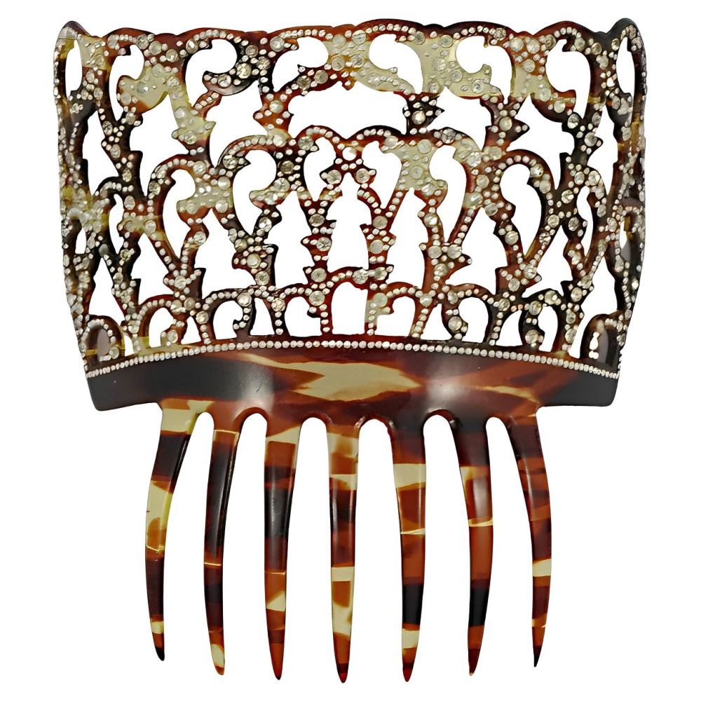 Mid Century Faux Tortoiseshell Mantilla Rhinestone Hair Comb