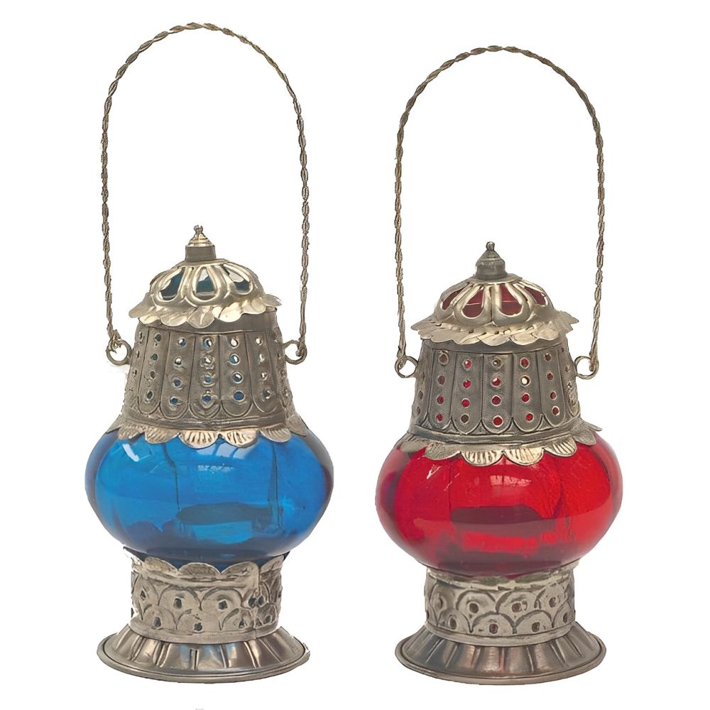 Pair Moroccan Red and Blue Glass Hand Made Tealight Lanterns