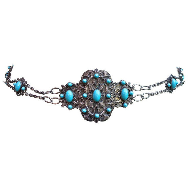 Piel Freres Art Nouveau Silver Plated Turquoise Glass Chain Belt