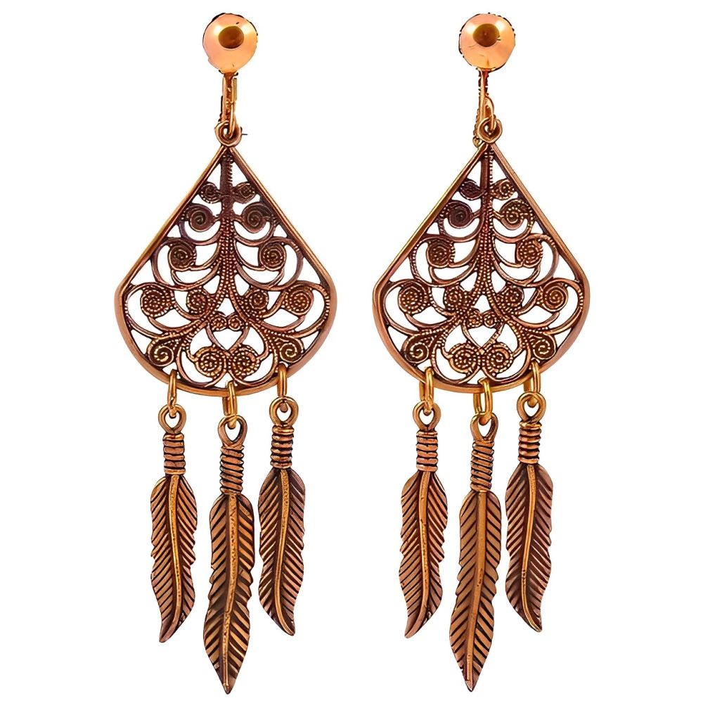 Vintage Copper Swirl and Feather Drop Clip On Earrings