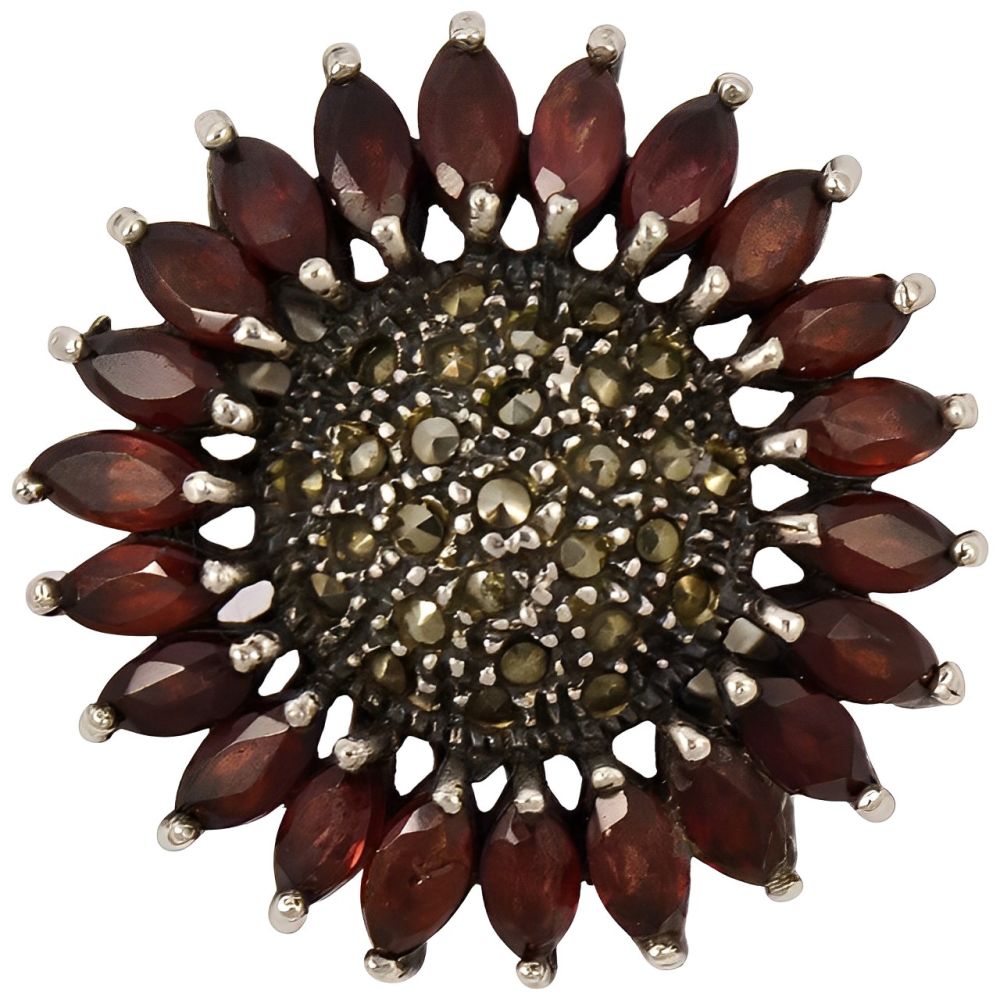 Silver Garnet and Marcasite Flower Statement Ring