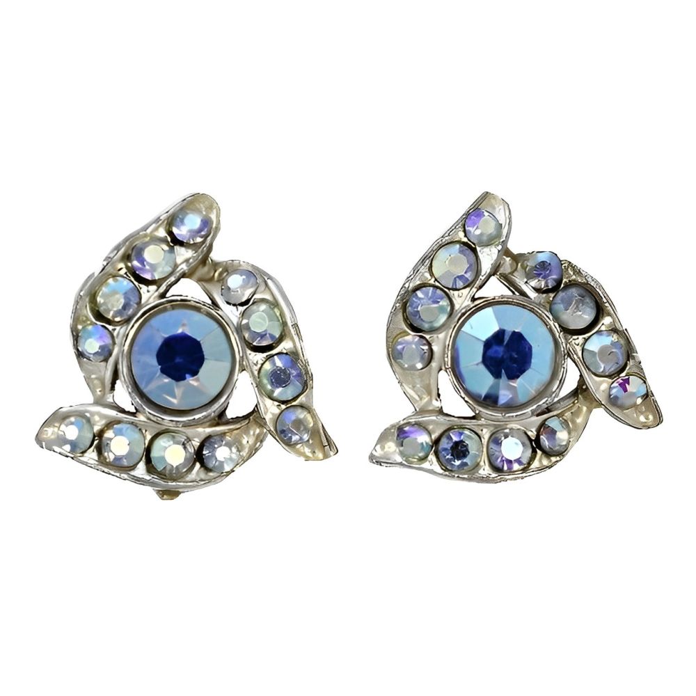 Gold Tone Blue Aurora Borealis Clip On Earrings circa 1950s