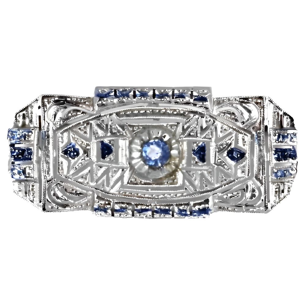 Art Deco Silver Tone and Blue Pierced Bar Brooch