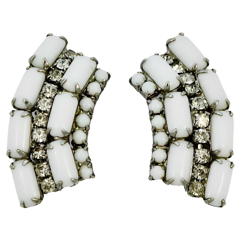 Silver Tone Milk Glass and Rhinestone Clip On Earrings circa 1950s Arabella Bianco