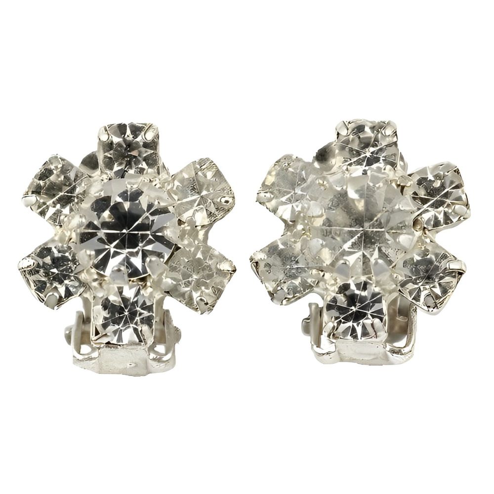 Silver Tone Diamante Round Clip On Earrings circa 1960s