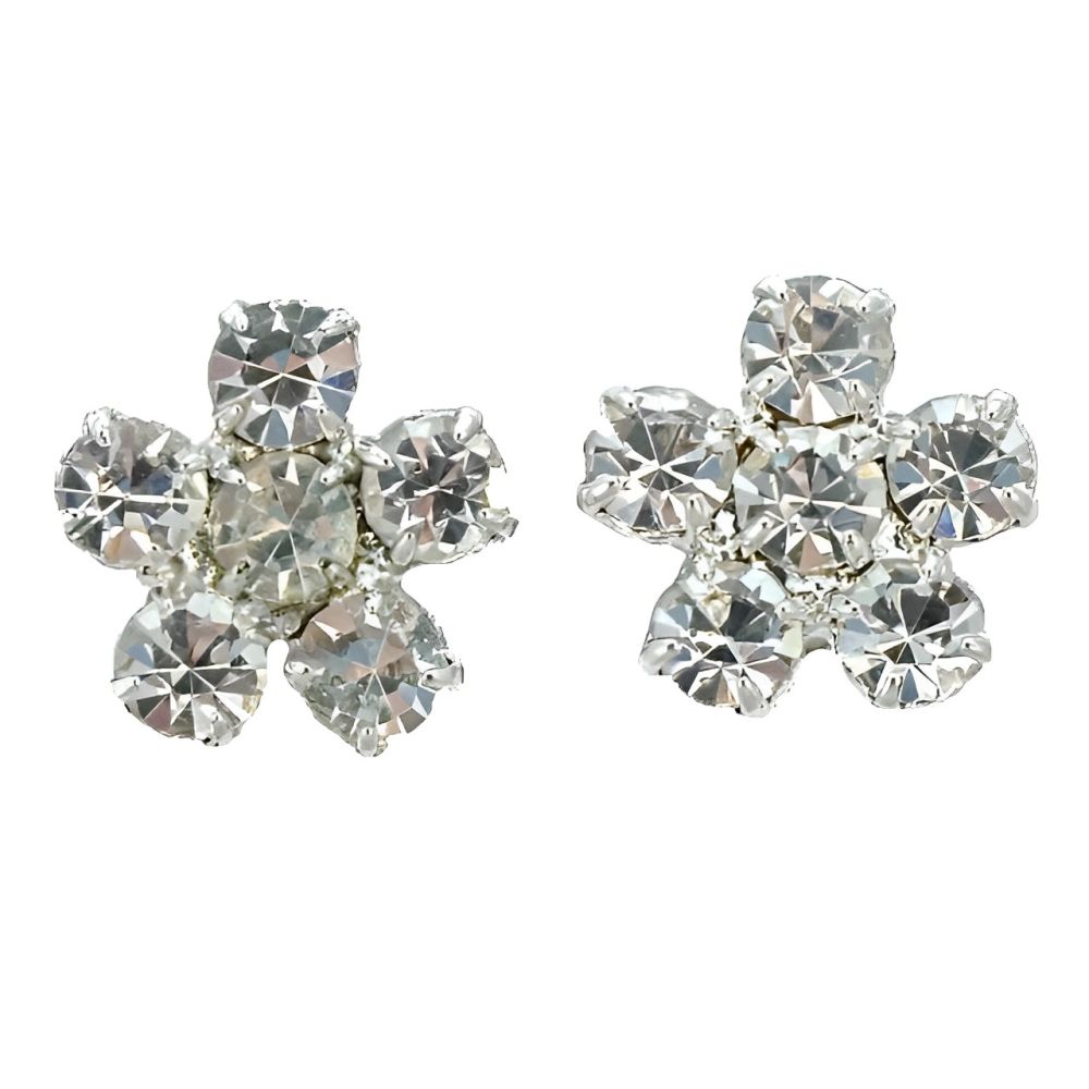 Silver Tone Swarovski Clear Crystal Flower Cluster Earrings