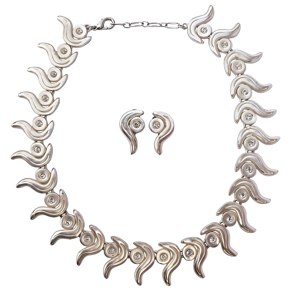 Swirl Design Diamante Link Necklace and Clip Earrings