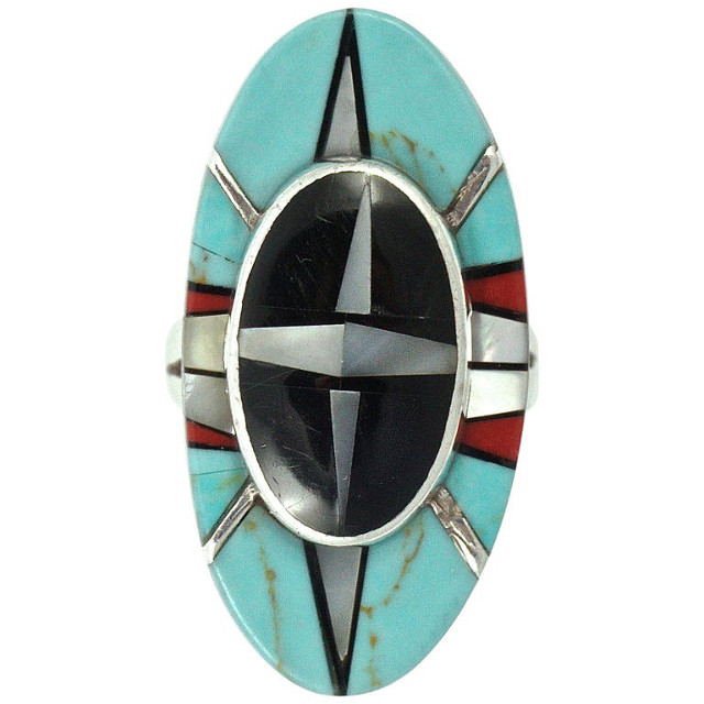 Silver Ring Inlaid with Turquoise Onyx Coral and Mother-of-Pearl