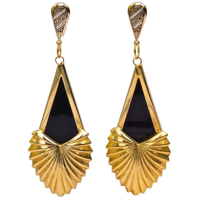 Spanish Gold Tone and Black Drop Statement Earrings