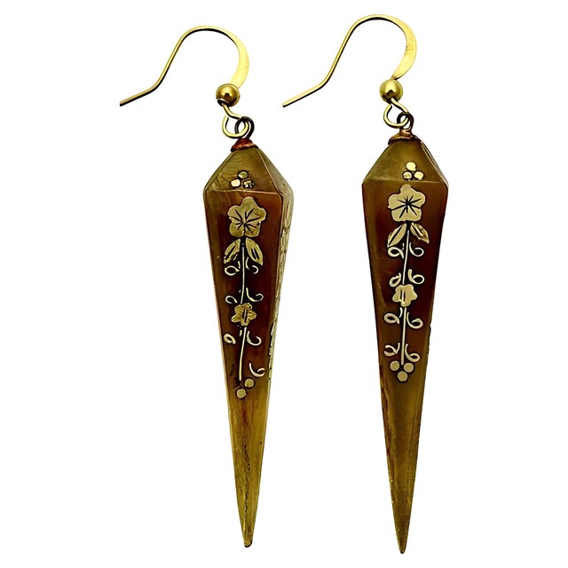 Antique Torpedo Drop Earrings Inlaid Flower Design Brass Hooks
