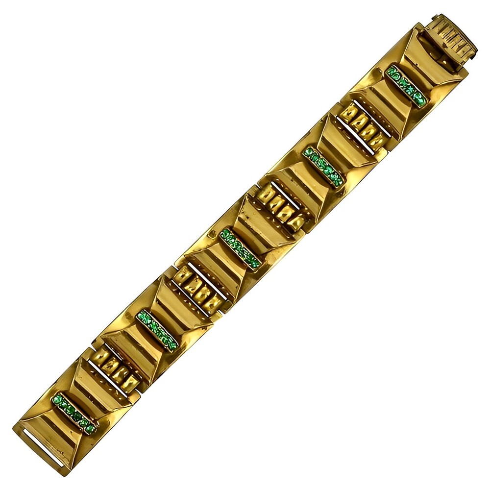 Art Deco Brass Bracelet Green Rhinestones circa 1930s