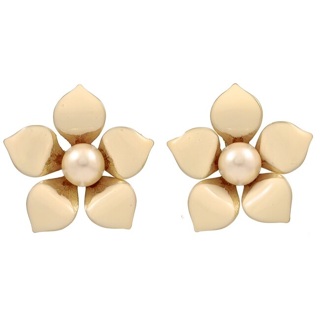 Cream Enamel and Pearl Flower Earrings circa 1980s