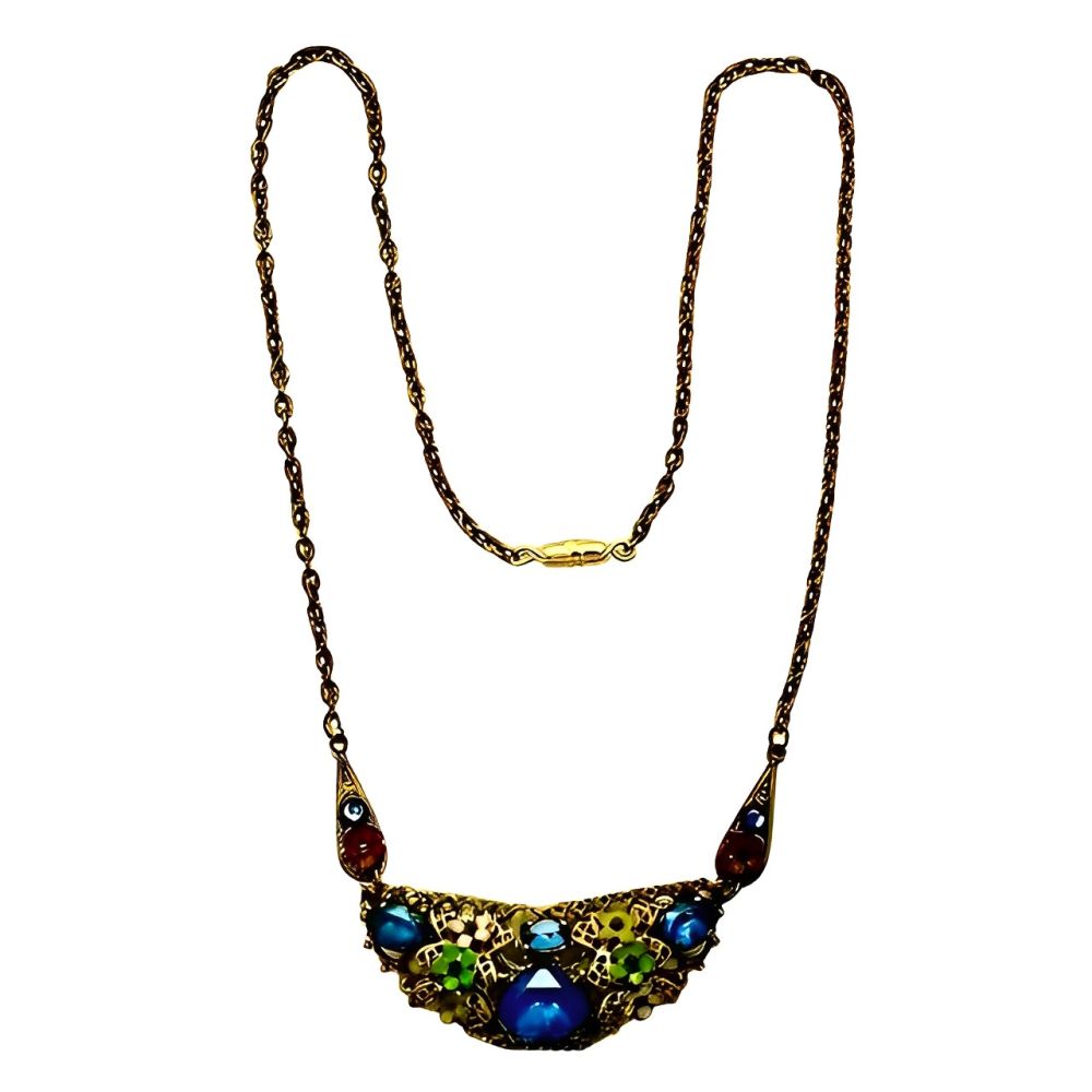 Czech Gilt Metal Enamel Flower Blue Glass Necklace circa 1930s