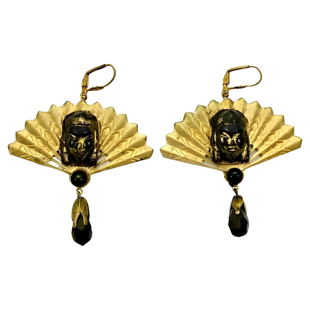 Gilt Metal Black Glass Face Fan Earrings with Black Glass Drop