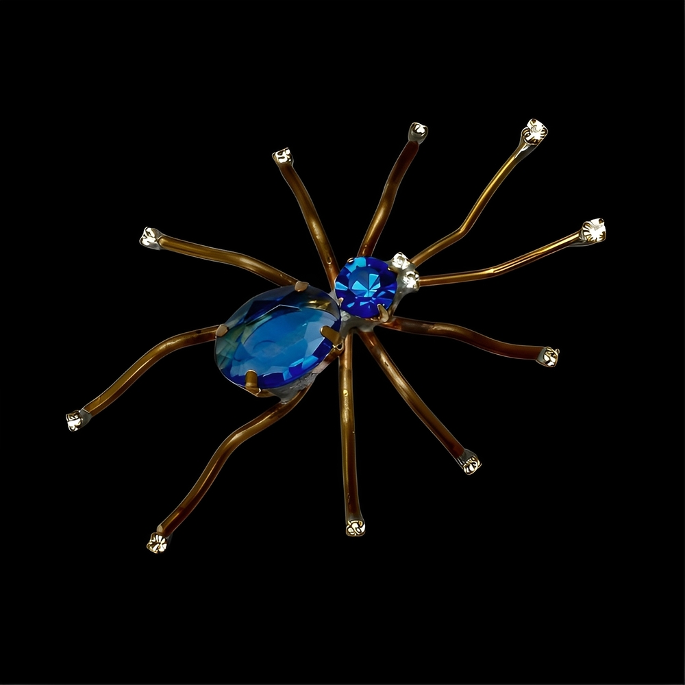 Blue and Clear Rhinestone Spider Brooch | Arabella Bianco